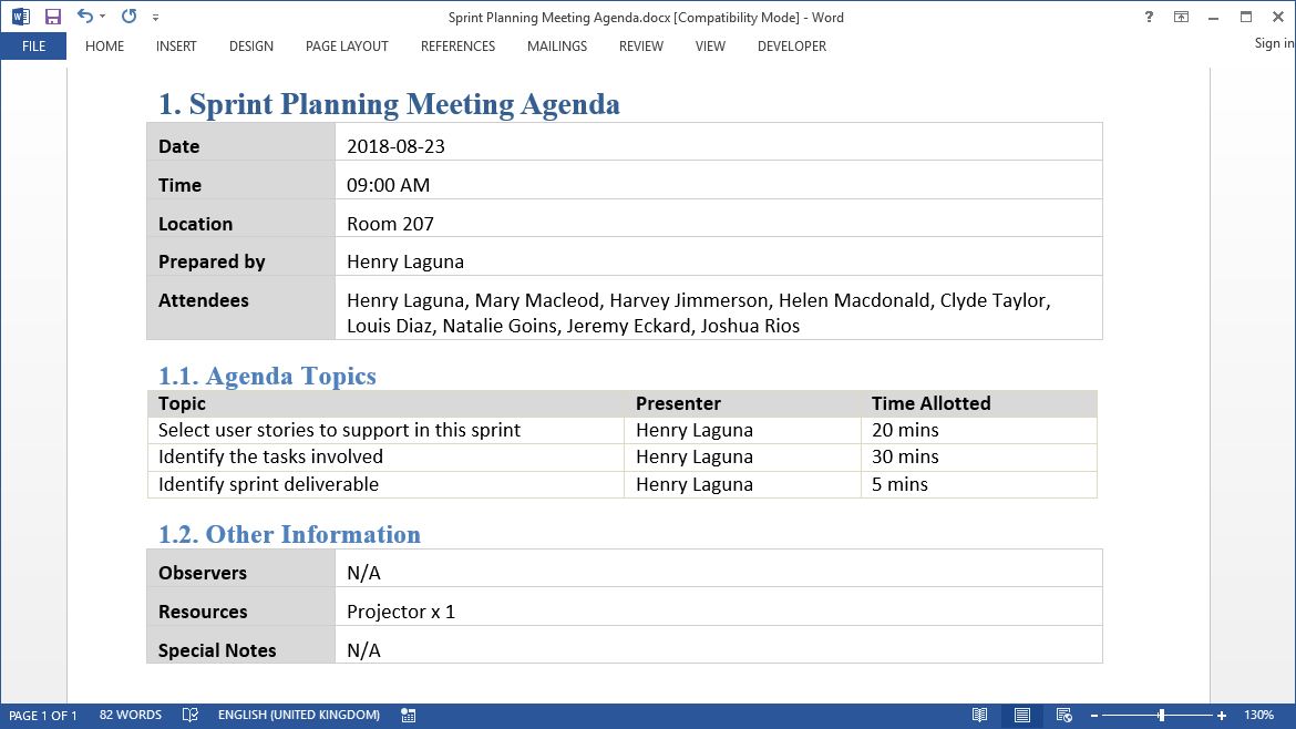 Deliverable Production Sprint Planning Meeting Agenda